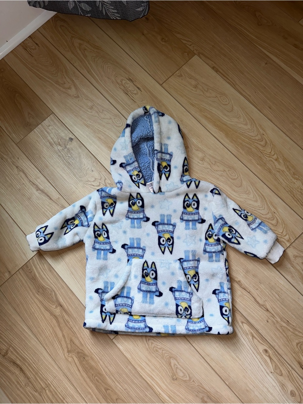 Plush Hooded Kids Puffer Pullover Jacket in Light Blue Character Print